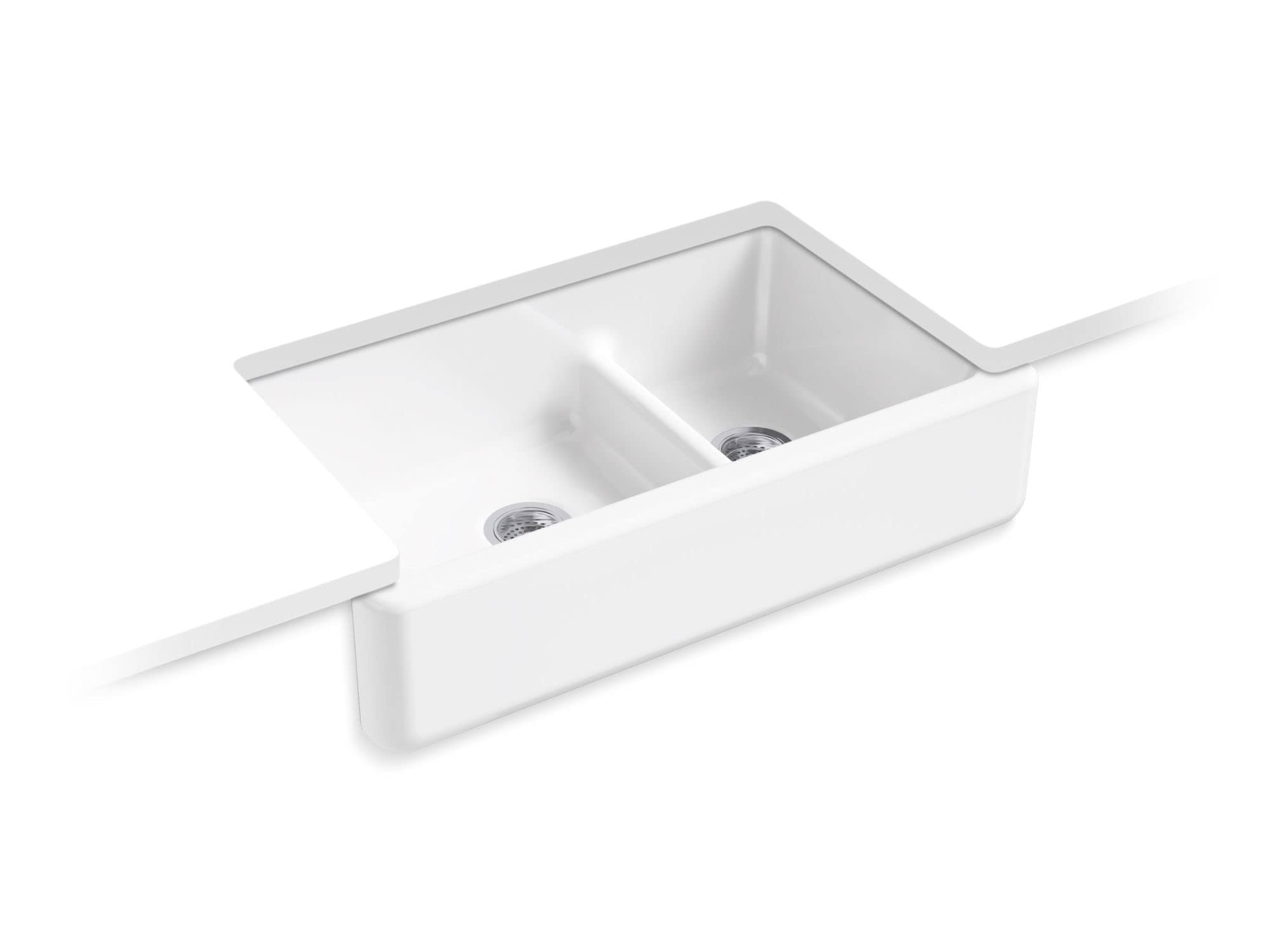 KOHLER Whitehaven 35-11/16 In. x 21-9/16 In. Self-Trimming Smart Divide Undermount Large/Medium Double-Bowl Kitchen Sink with Tall Apron, White