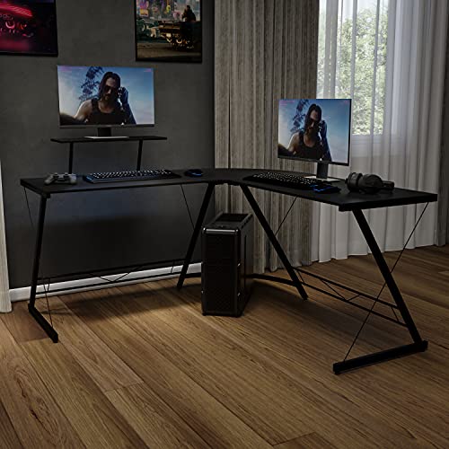 Flash Furniture مكتب زاوية مكتب ألعاب على شكل حرف L مع رف شاشة